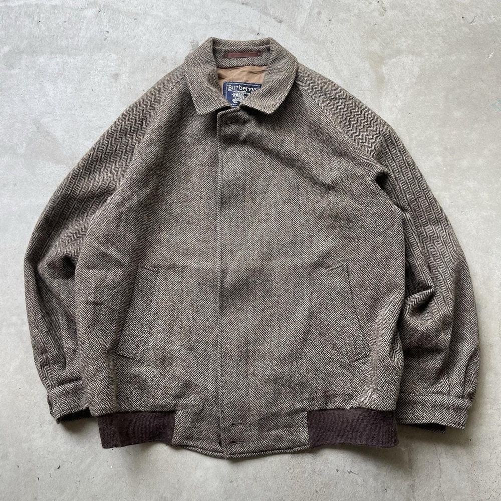 Vintage Burberry Bomber Jacket Men's XL Wool Herringbone Tweed Lined Harrington